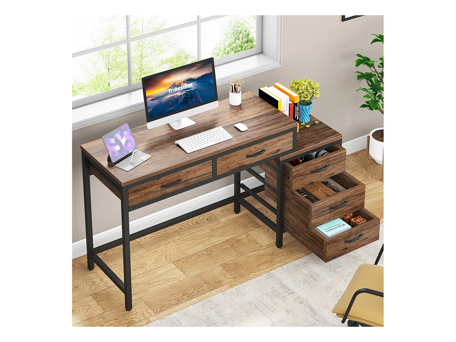 Computerbüro, Schreibtisch mit 5 Schubladen, Computerarbeitsplatz mit umkehrbarer Schubladenschrank und Druckerhalter für Zuhause