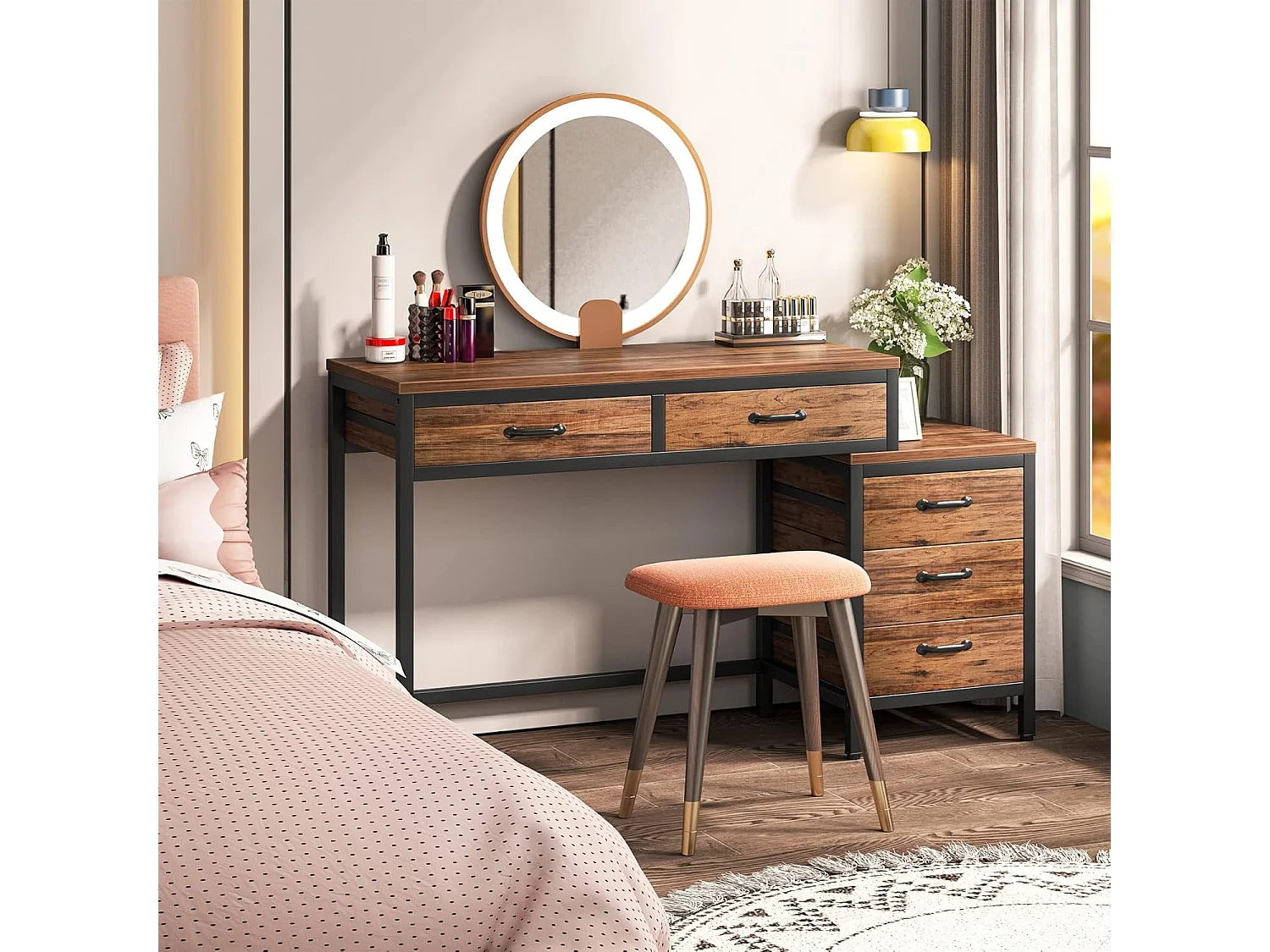 Bureau d'ordinateur, Table de Bureau avec 5 Tiroirs, Bureau Informatique avec Armoire à tiroirs réversible Support d'imprimante pour la Maison