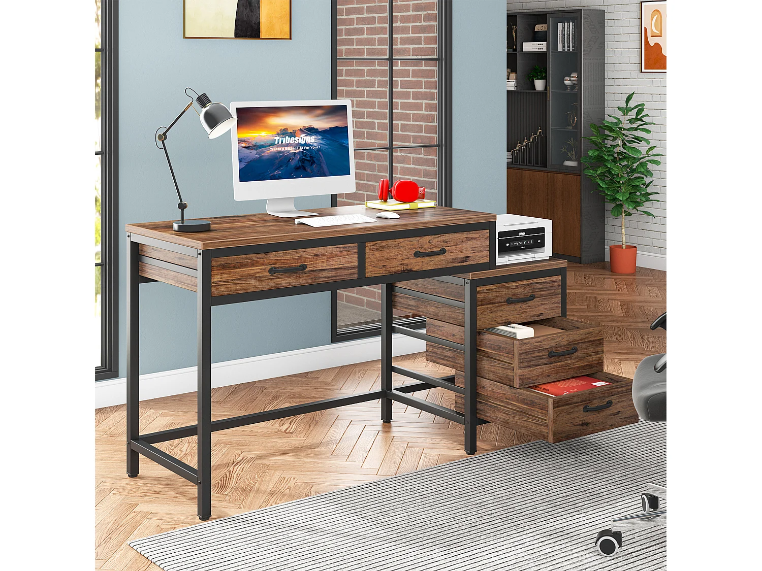 Bureau d'ordinateur, Table de Bureau avec 5 Tiroirs, Bureau Informatique avec Armoire à tiroirs réversible Support d'imprimante pour la Maison