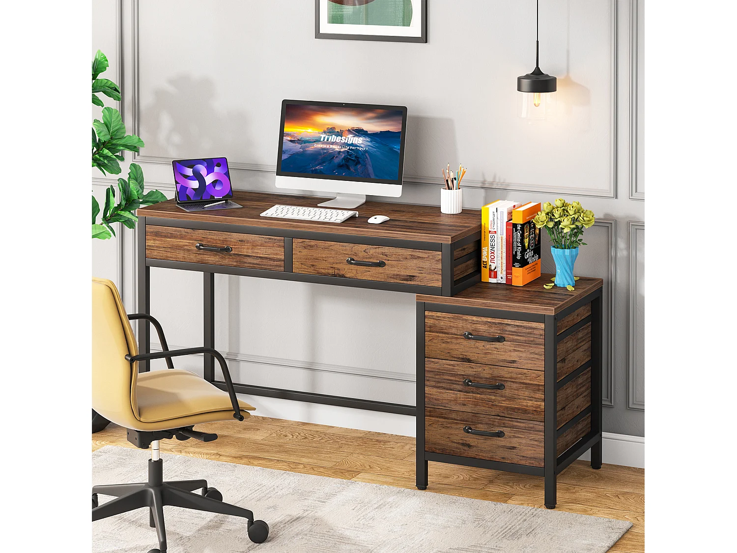 Bureau d'ordinateur, Table de Bureau avec 5 Tiroirs, Bureau Informatique avec Armoire à tiroirs réversible Support d'imprimante pour la Maison