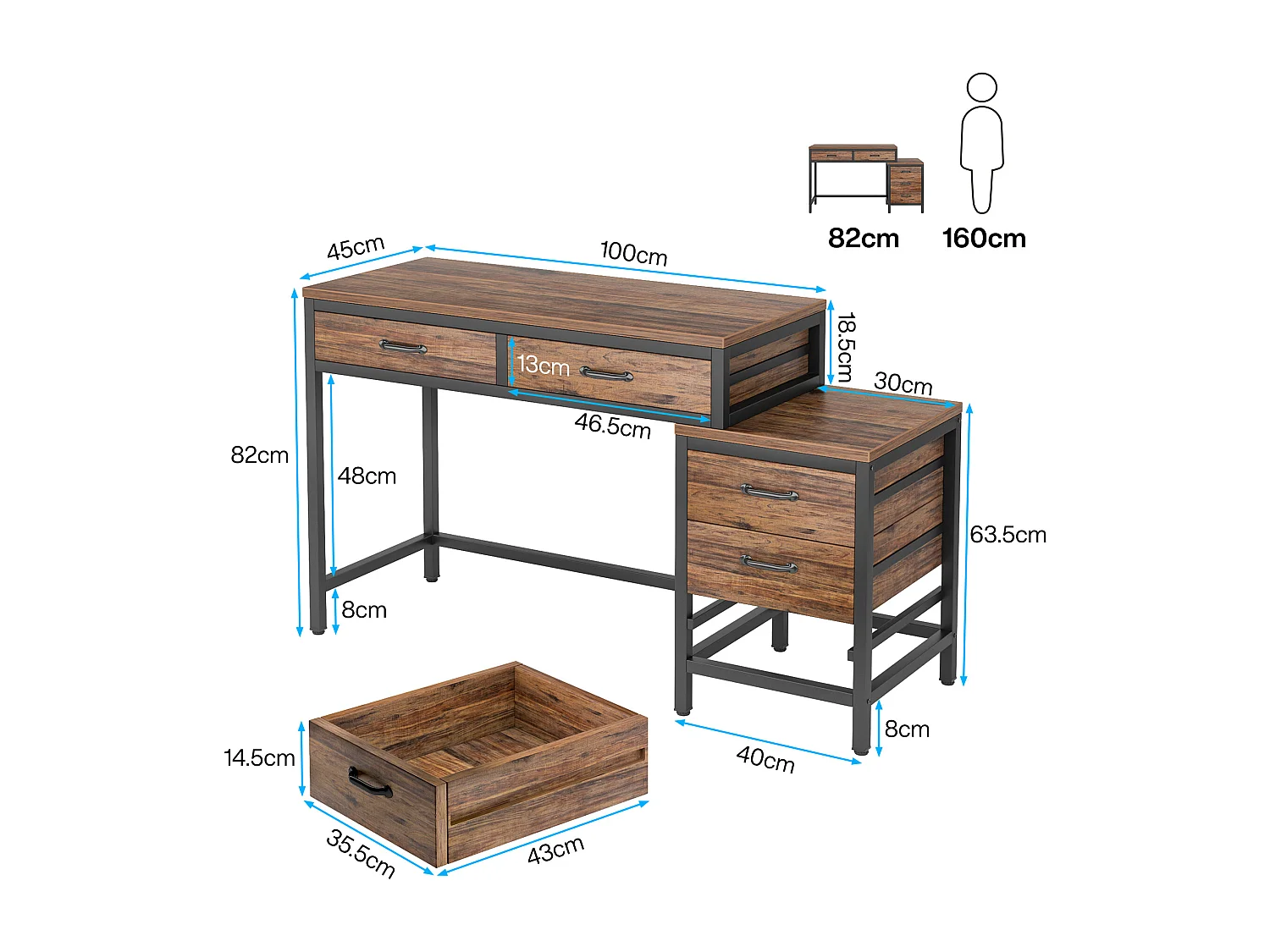 Bureau d'ordinateur, Table de Bureau avec 5 Tiroirs, Bureau Informatique avec Armoire à tiroirs réversible Support d'imprimante pour la Maison