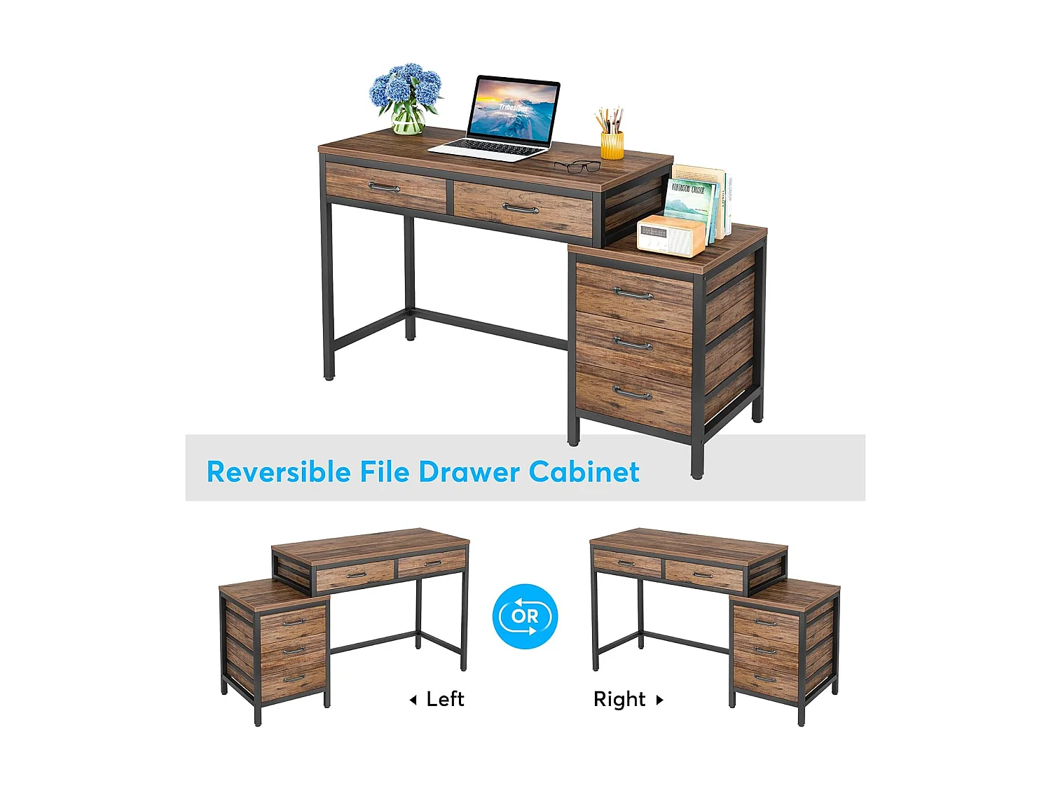 Bureau d'ordinateur, Table de Bureau avec 5 Tiroirs, Bureau Informatique avec Armoire à tiroirs réversible Support d'imprimante pour la Maison