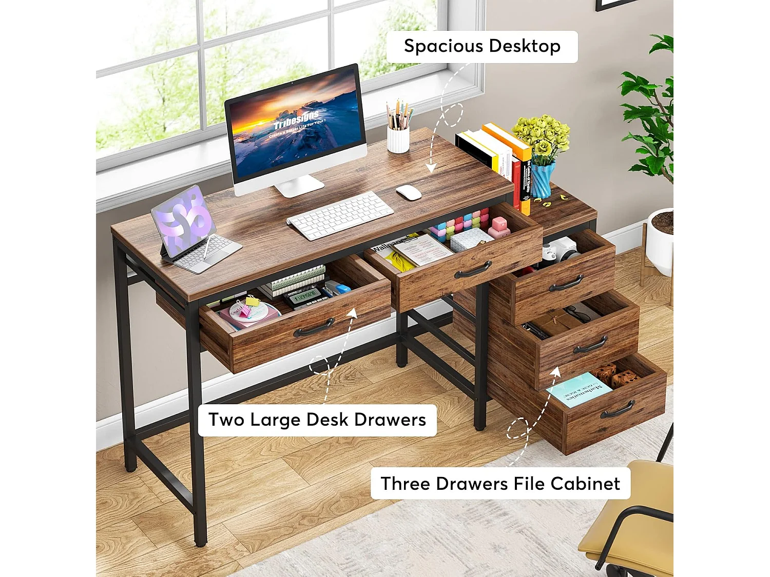 Bureau d'ordinateur, Table de Bureau avec 5 Tiroirs, Bureau Informatique avec Armoire à tiroirs réversible Support d'imprimante pour la Maison