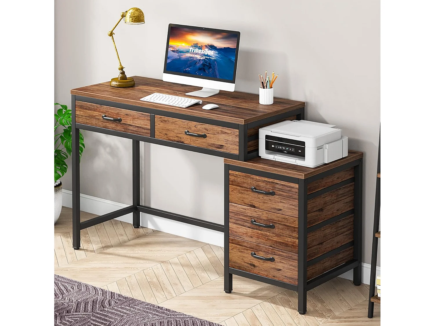 Bureau d'ordinateur, Table de Bureau avec 5 Tiroirs, Bureau Informatique avec Armoire à tiroirs réversible Support d'imprimante pour la Maison