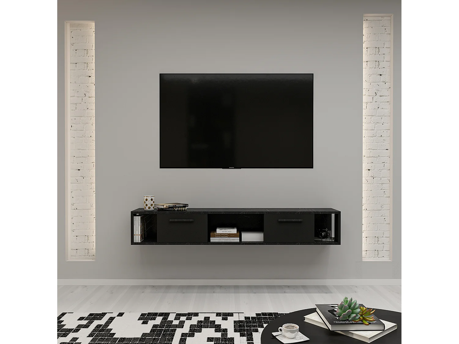 TV Lowboard Aldora Schwarz Marmor Optik 9598