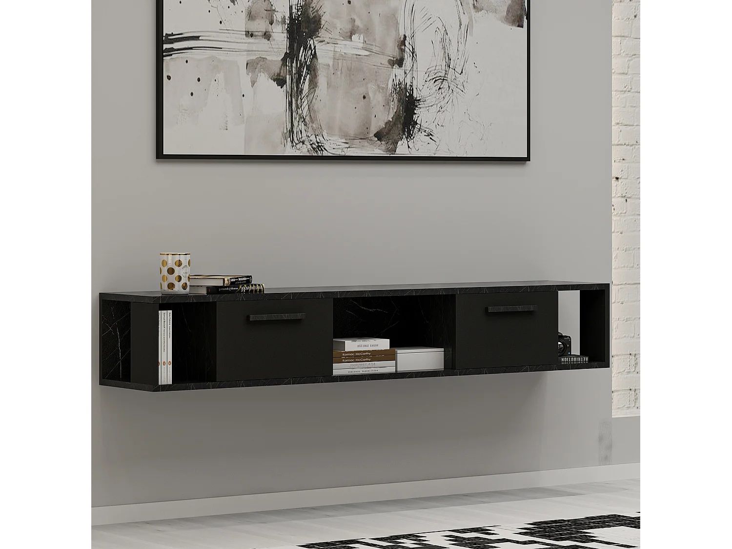 TV Lowboard Aldora Schwarz Marmor Optik 9598