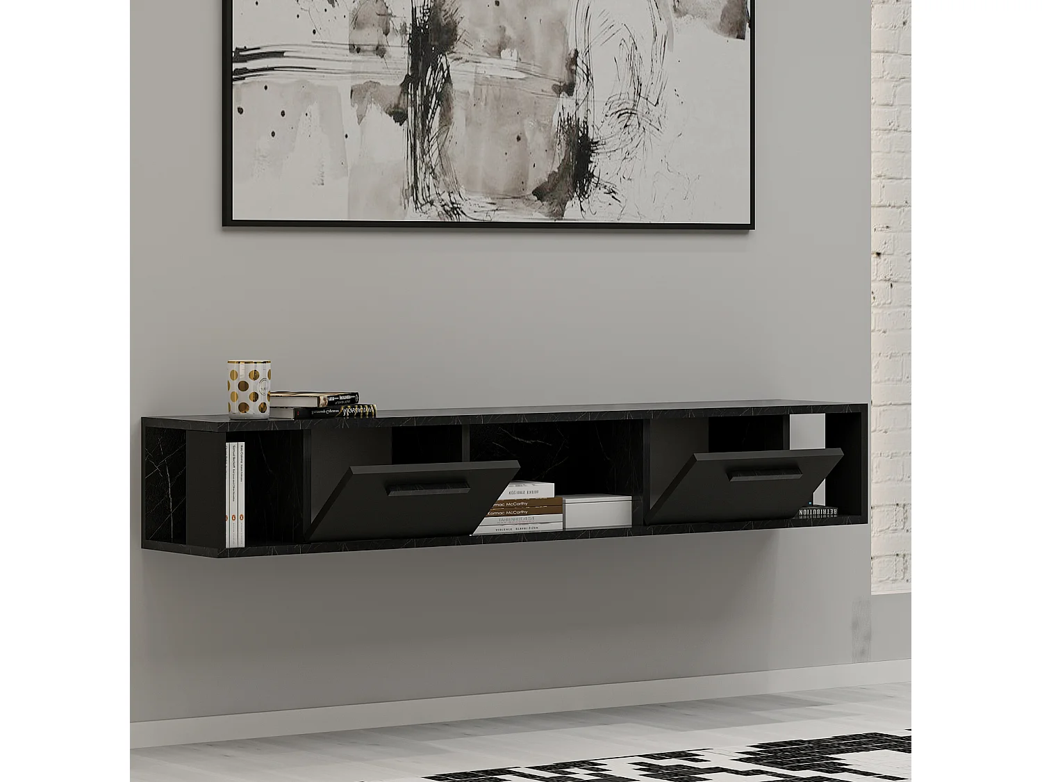 TV Lowboard Aldora Schwarz Marmor Optik 9598