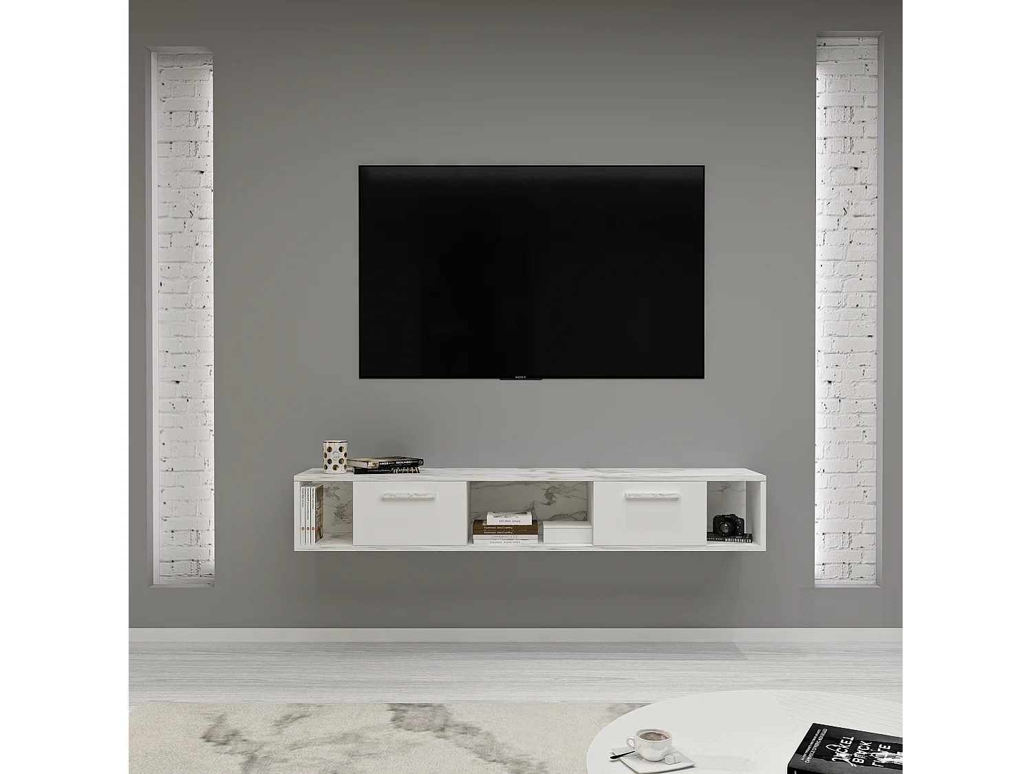 TV Lowboard Aldora Weiß Marmor Optik 9581