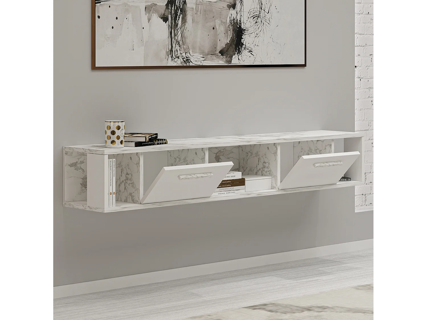 TV Lowboard Aldora Weiß Marmor Optik 9581