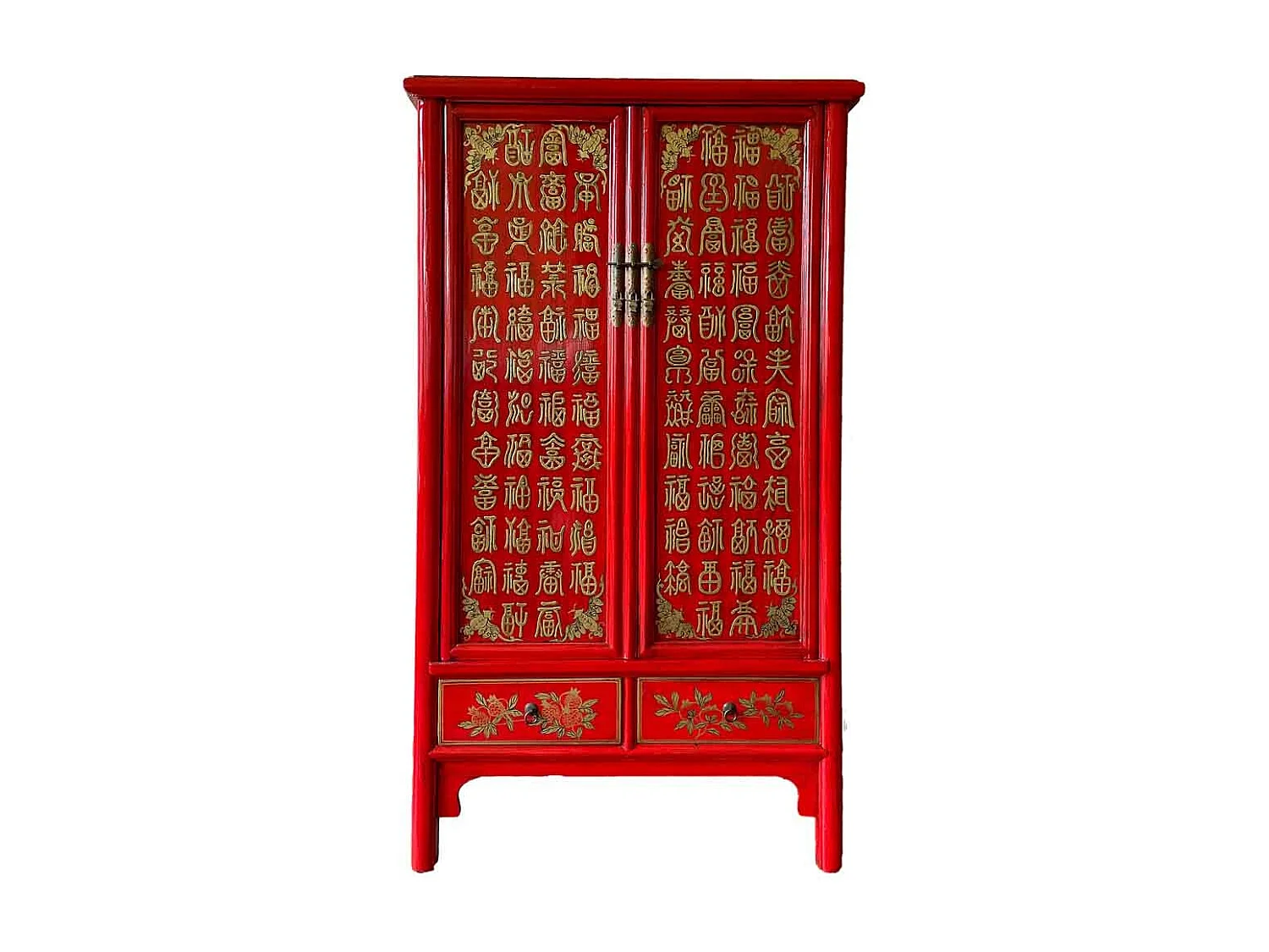 Armário de madeira pintado à mão, 2 portas e 2 gavetas, vermelho 100x57x183