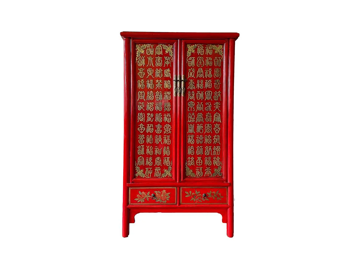 Armoire en bois peint à la main, 2 portes et 2 tiroirs, rouge 100x57x183