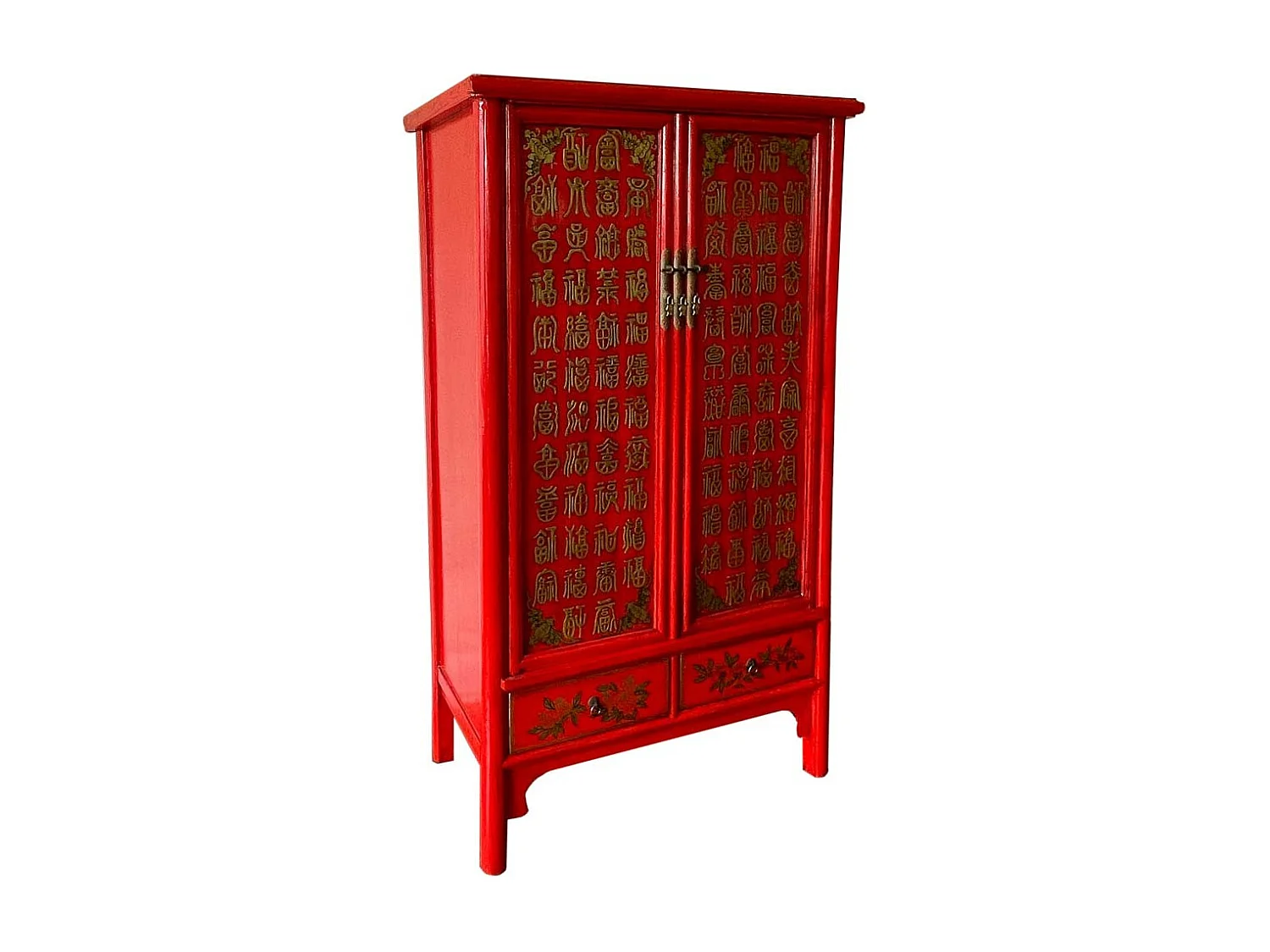 Armário de madeira pintado à mão, 2 portas e 2 gavetas, vermelho 100x57x183