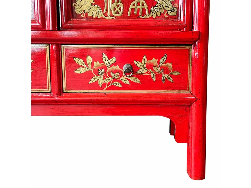 Armário de madeira pintado à mão, 2 portas e 2 gavetas, vermelho 100x57x183