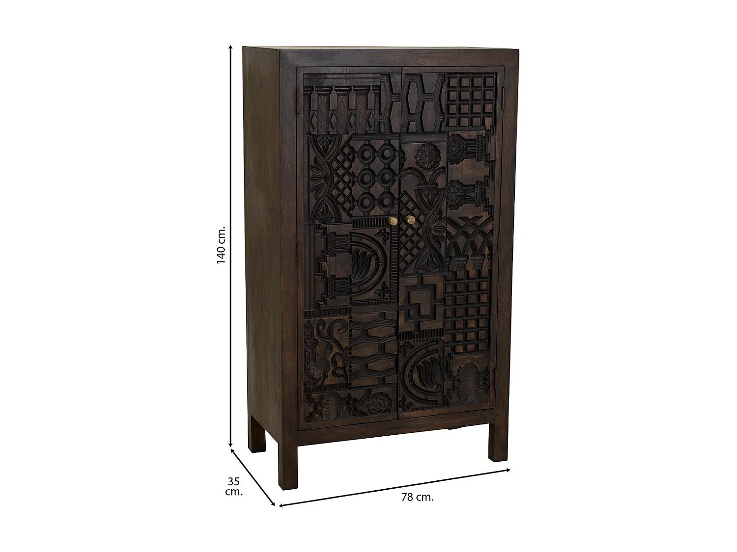 Armadio in legno intagliato rifinito artigianalmente a 2 ante marrone 78x35x140