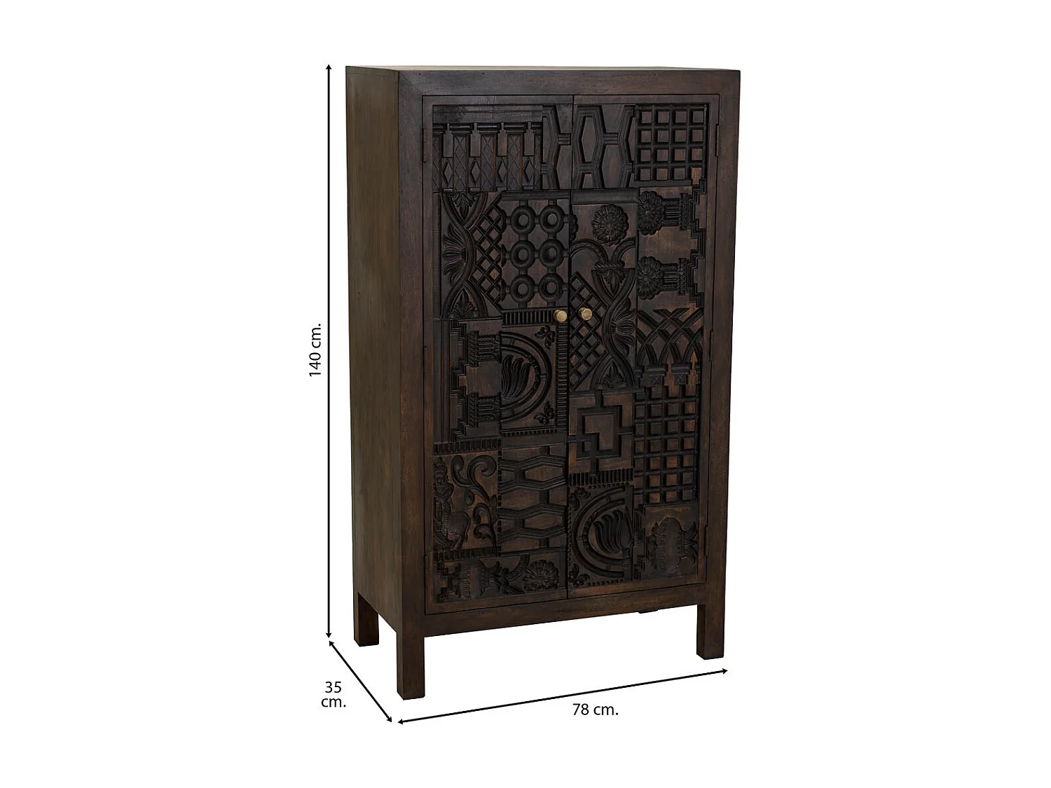 Armário feito à mão em madeira trabalhada com 2 portas castanhas 78x35x140