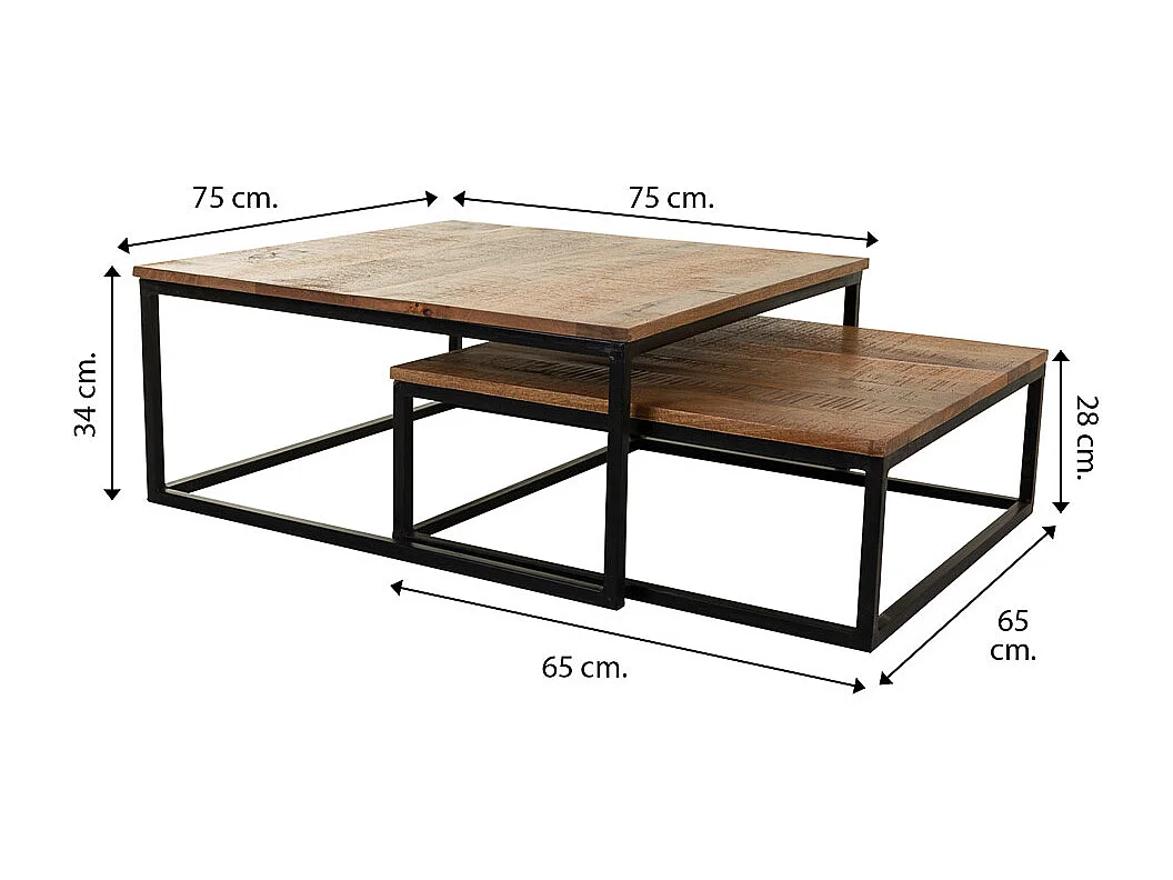Conjunto de mesas de centro em madeira e metal 2 unidades 75x75x34 - 65x65x28