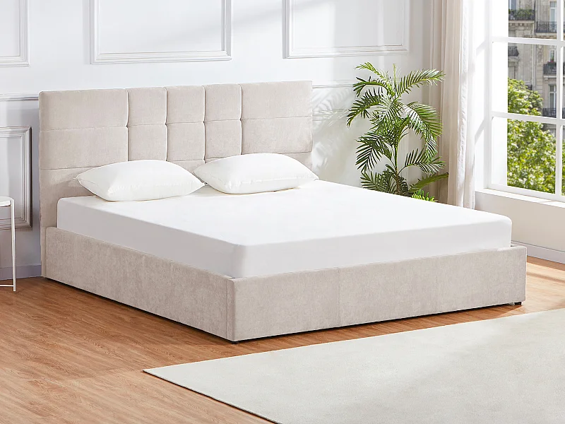 [NEW VERSION]Cama com compartimento de arrumação 160 x 200 cm tecido bege - ELIAVA