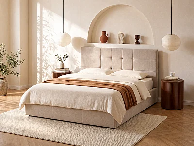 Lit coffre 160 x 200 cm - Tissu - Beige - HOPEYA