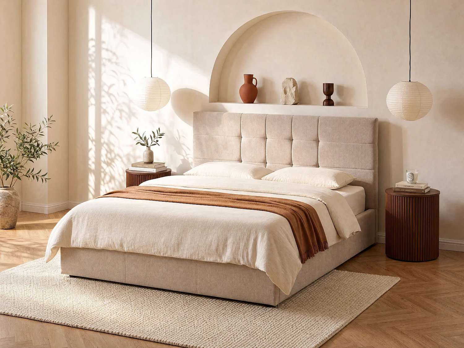 Lit coffre 200 x 200 cm - Tissu - Beige - HOPEYA