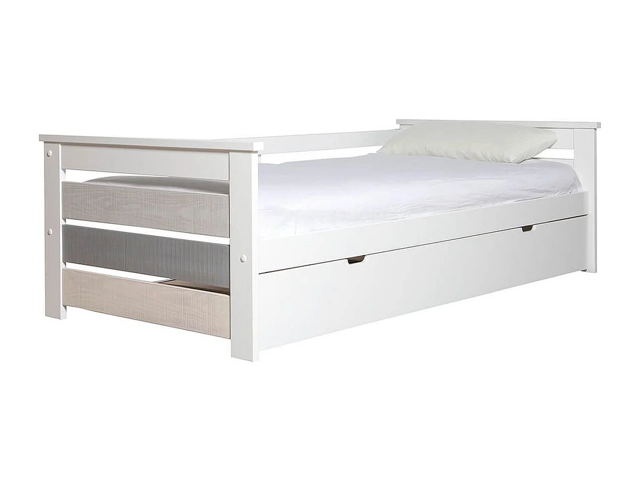 ROSALIA - Lit Gigogne 90 x190 cm Bois Aspect Vieilli Blanc et Grisé