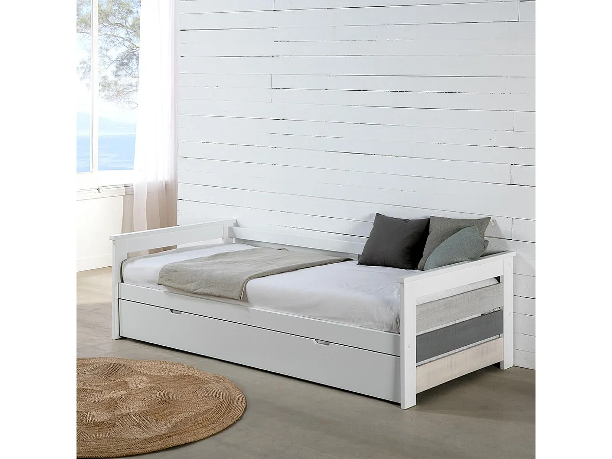 ROSALIA - Lit Gigogne 90 x190 cm Bois Aspect Vieilli Blanc et Grisé