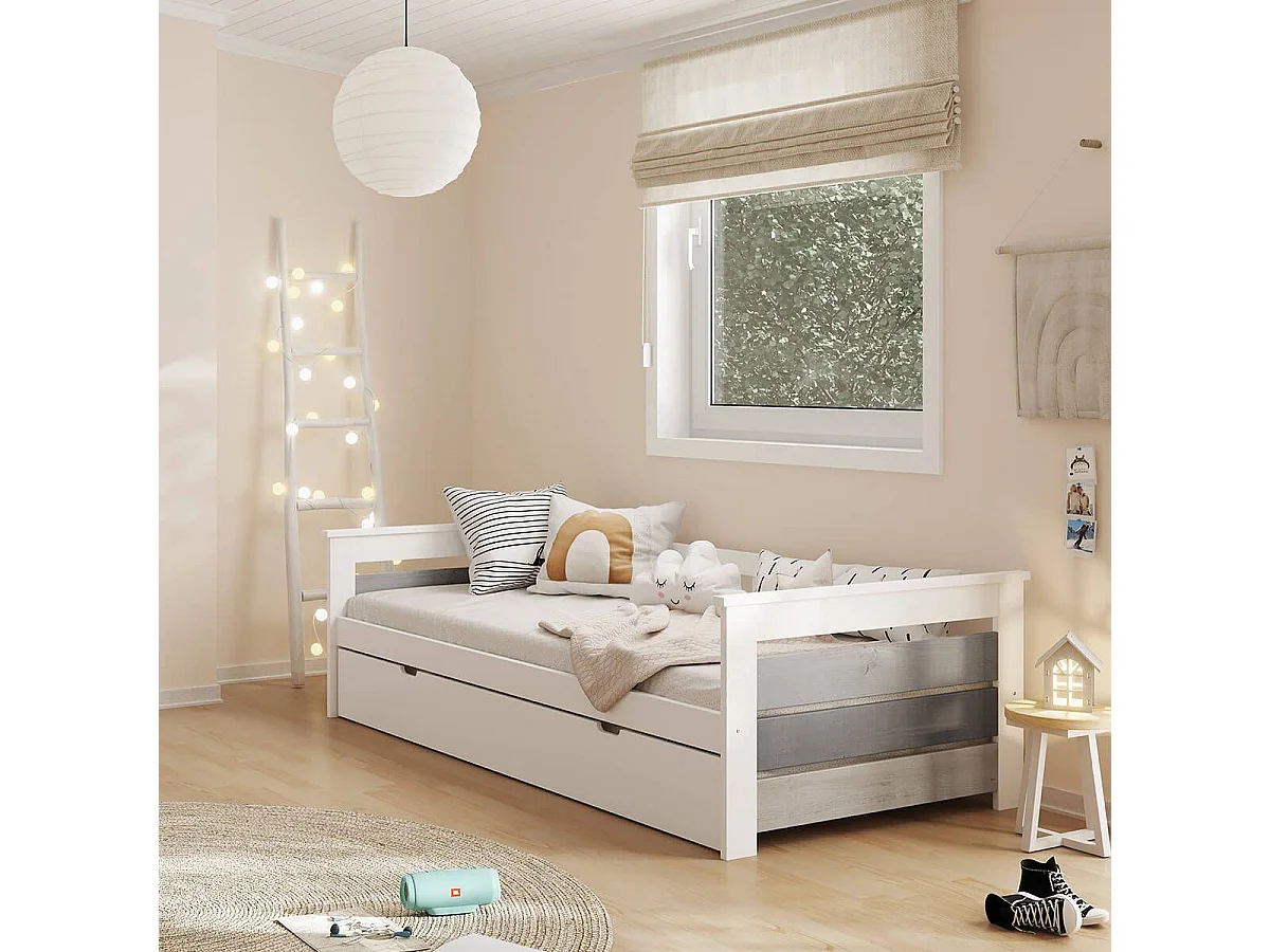 ROSALIA - Lit Gigogne 90 x190 cm Bois Aspect Vieilli Blanc et Grisé