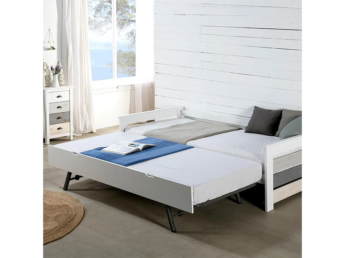 ROSALIA - Lit Gigogne 90 x190 cm Bois Aspect Vieilli Blanc et Grisé