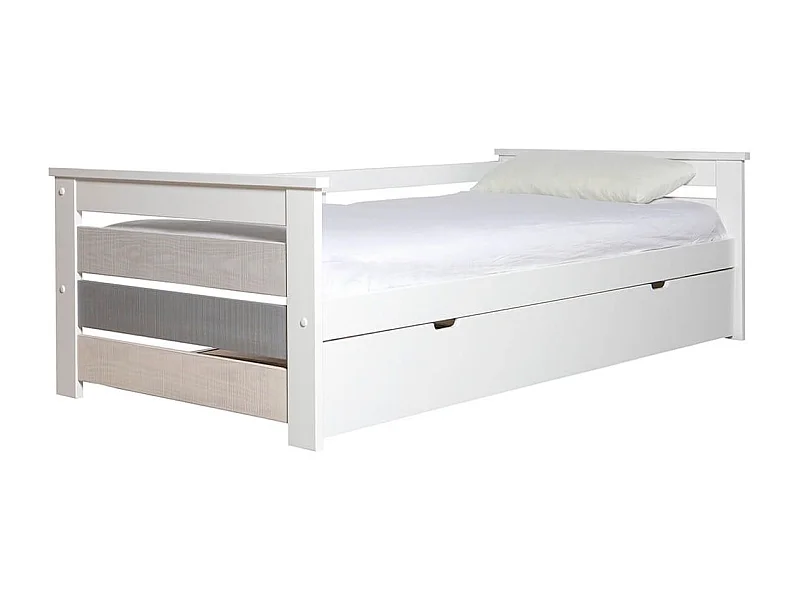 ROSALIA - Lit Gigogne 90 x190 cm Bois Aspect Vieilli Blanc et Grisé