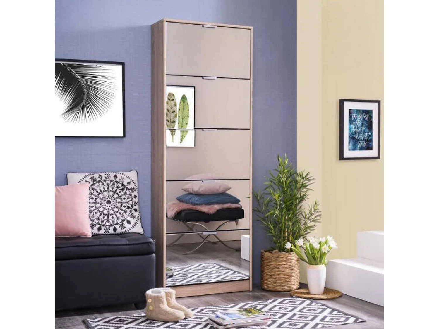 Zapatero Espacioso de 5 Puertas en Acabado Roble Sonoma Y Frentes Con Espejo decorativo | Capacidad para 15 Pares | 67x28x191,5 cm