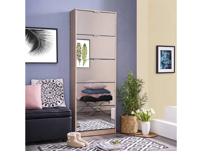 Zapatero Espacioso de 5 Puertas en Acabado Roble Sonoma Y Frentes Con Espejo decorativo | Capacidad para 15 Pares | 67x28x191,5 cm