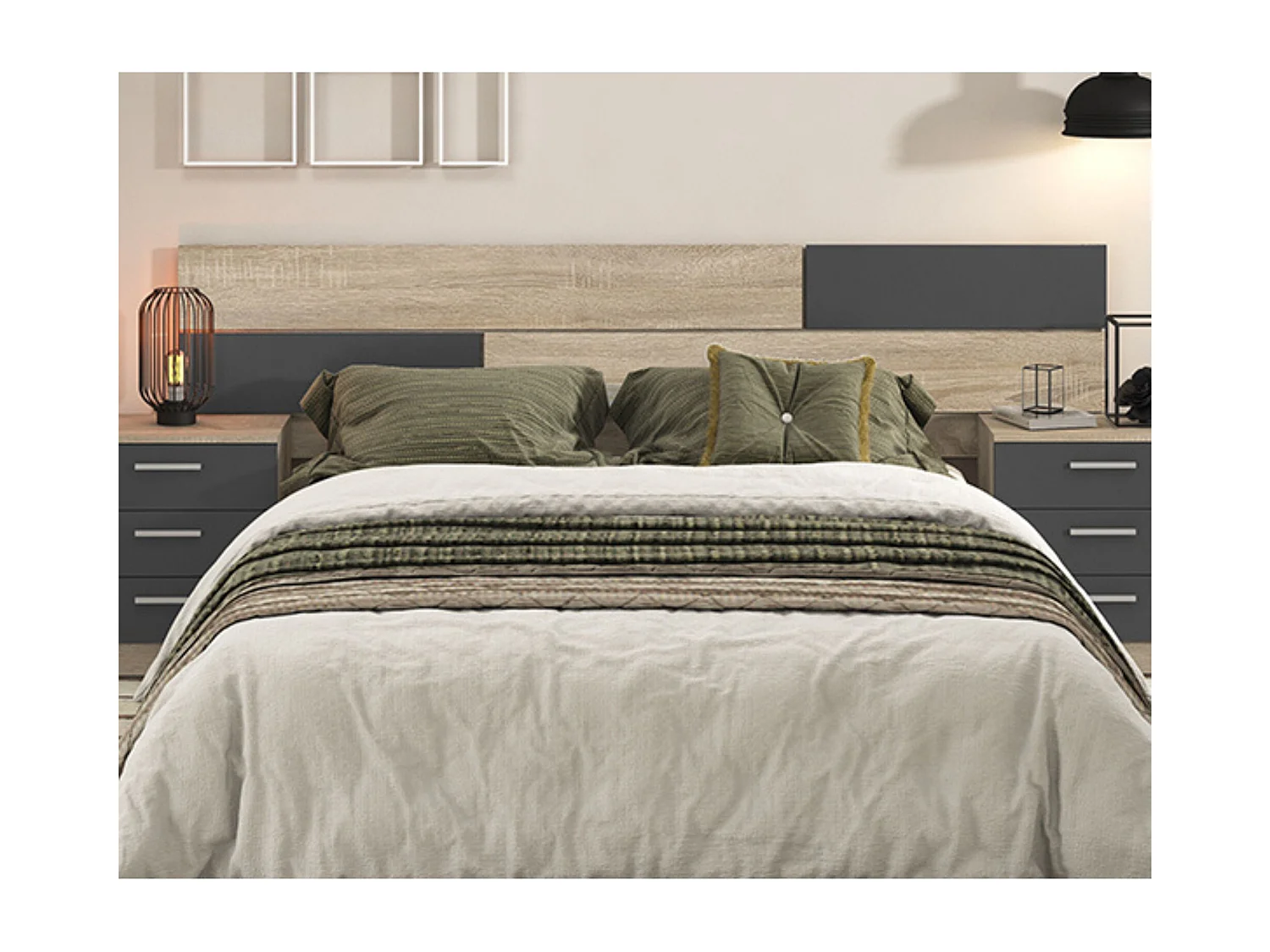 Meyvaser - Cabezal para Cama de Matrimonio, Cabecero, Color Cambrian y Grafito, Medidas: 220 cm (Ancho) x 51 cm (Alto) x 3 cm (Fondo)