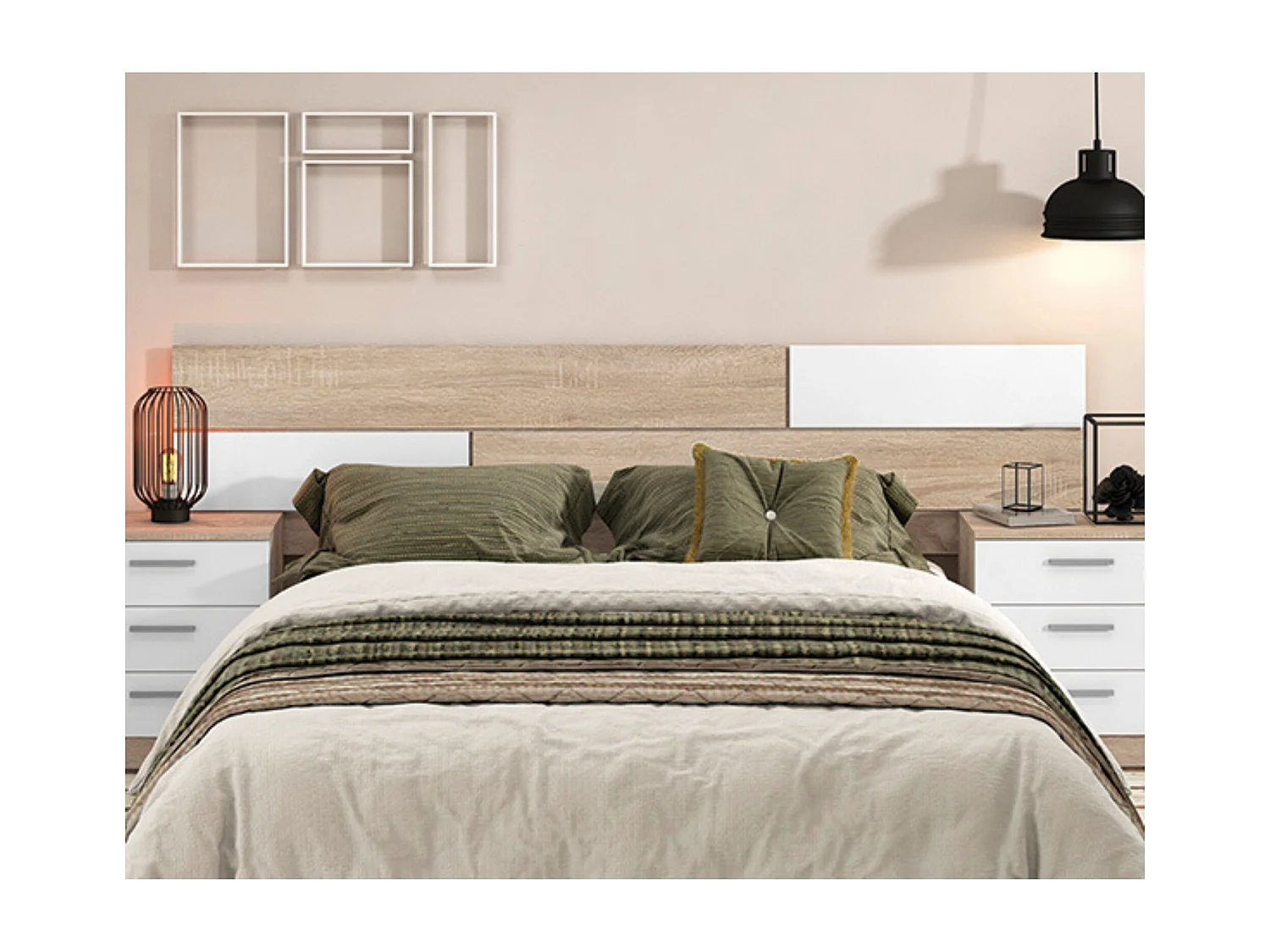 Meyvaser - Cabezal para Cama de Matrimonio, Cabecero, Color Cambrian y Blanco, Medidas: 220 cm (Ancho) x 51 cm (Alto) x 3 cm (Fondo)