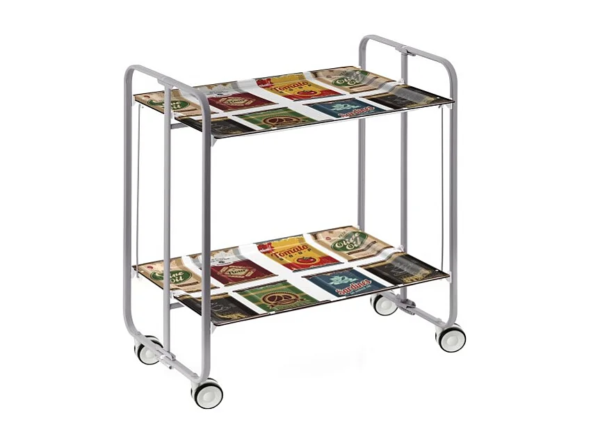 Carrello pieghevole con ruote - Struttura in metallo grigio, 2 ripiani in laminato, decorato Vintage3 - 72*66*43 cm - BAUHAUS