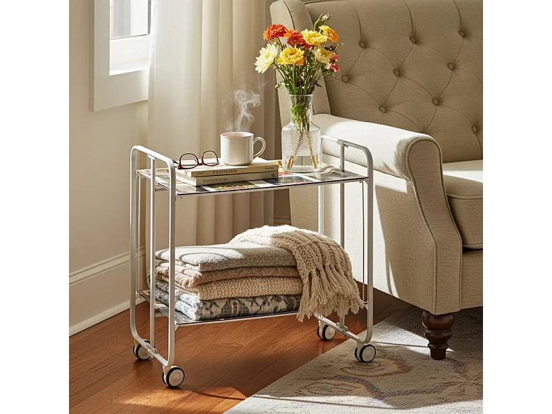 Carrello pieghevole con ruote - Struttura in metallo grigio, 2 ripiani in laminato, decorato Vintage3 - 72*66*43 cm - BAUHAUS