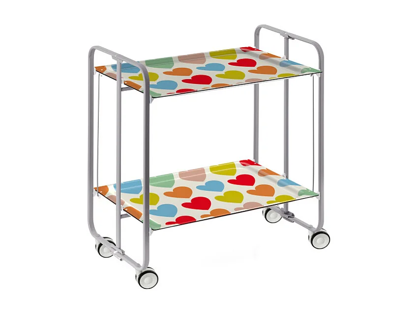 Klappbarer Wagen mit Rädern - Graues Metallgestell, 2 laminierte Etagen -Herz-Dekor - 72*66*43 cm - BAUHAUS