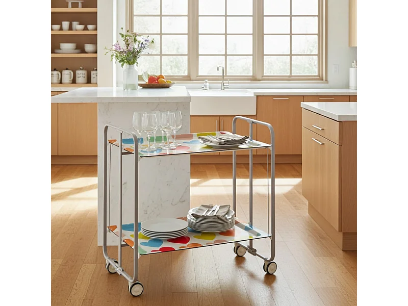 Carrito auxiliar plegable con ruedas - Estructura metálica gris, 2 estantes laminados Decorado Corazones – 72*66*43 cm - BAUHAUS