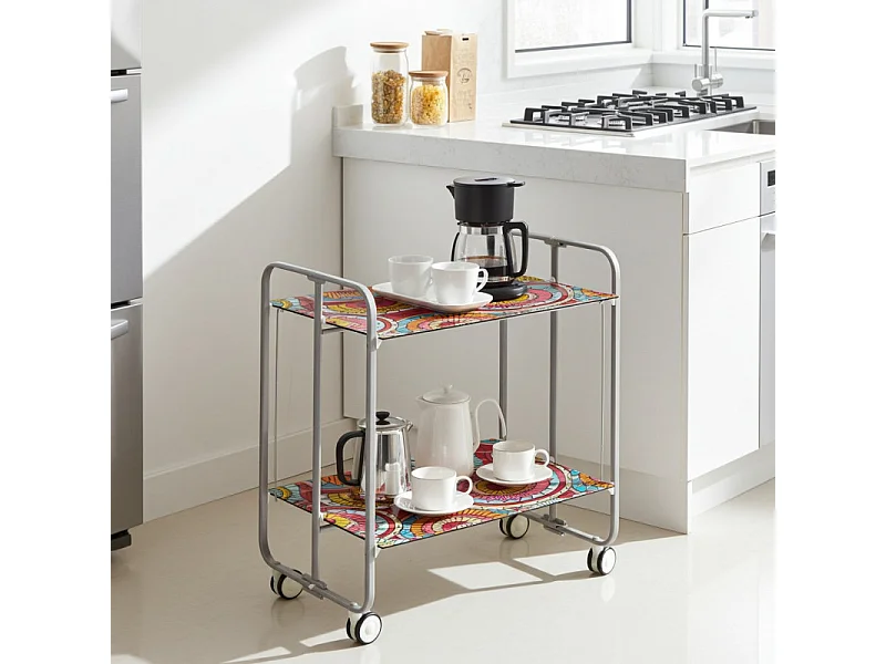 Carrello pieghevole con ruote - Struttura in metallo grigio, 2 ripiani in laminato, decorato Astratto - 72*66*43 cm - BAUHAUS