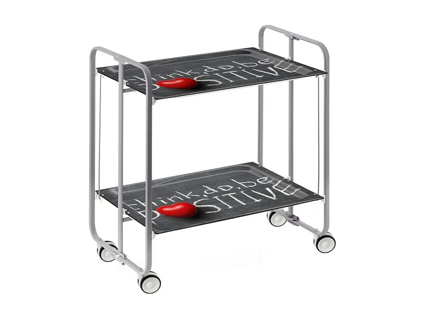 Carrito auxiliar plegable con ruedas - Estructura metálica gris, 2 estantes laminados Decorado "Think, do, be positive" – 72*66*43 cm - BAUHAUS