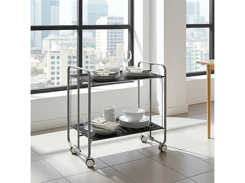 Carrito auxiliar plegable con ruedas - Estructura metálica gris, 2 estantes laminados Decorado "Think, do, be positive" – 72*66*43 cm - BAUHAUS