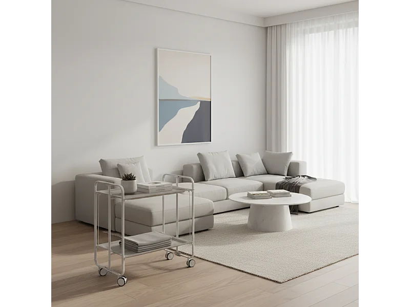 Carrello pieghevole con ruote - Struttura in metallo grigio, 2 ripiani in laminato color Frassino - 72*66*43 cm - BAUHAUS