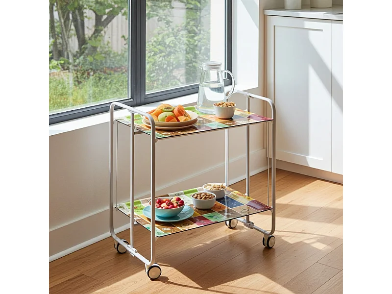 Carrito auxiliar plegable con ruedas - Estructura metálica gris, 2 estantes laminados decorado Vintage1 – 72*66*43 cm - BAUHAUS