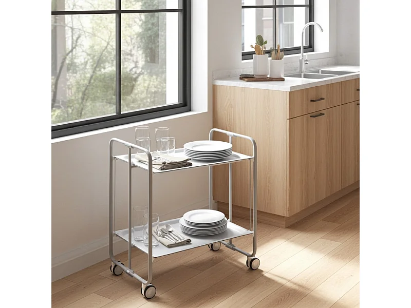 Klappbarer Servierwagen mit Rädern - Grauer Metallrahmen, 2 weiße laminierte Etagen - 72*66*43 cm - BAUHAUS