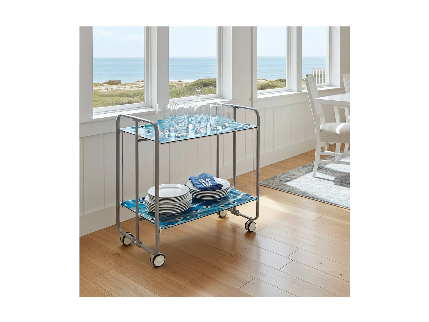 Carrito auxiliar plegable con ruedas - Estructura metálica gris, 2 estantes laminados Decorado Peces azules – 72*66*43 cm - BAUHAUS