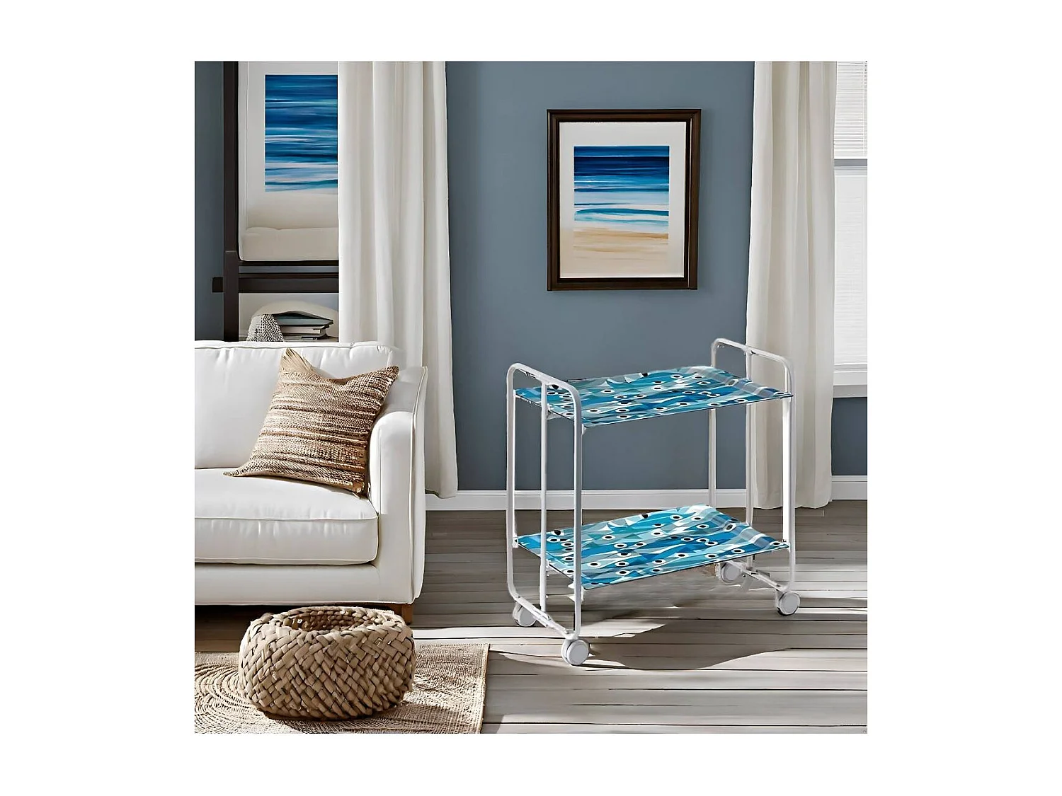 Carrito auxiliar plegable con ruedas - Estructura metálica gris, 2 estantes laminados Decorado Peces azules – 72*66*43 cm - BAUHAUS