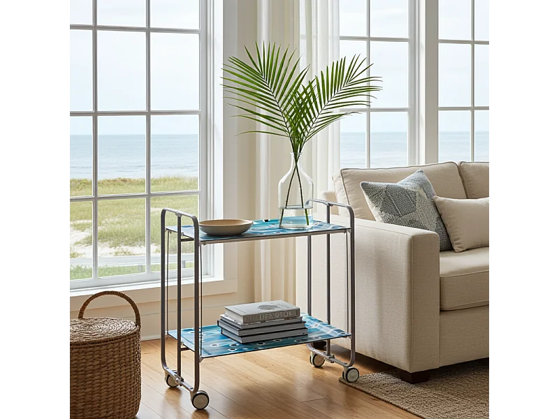 Klappwagen mit Rädern - Graues Metallgestell, 2 laminierte Ablagen Blauer Fisch Dekor - 72*66*43 cm - BAUHAUS