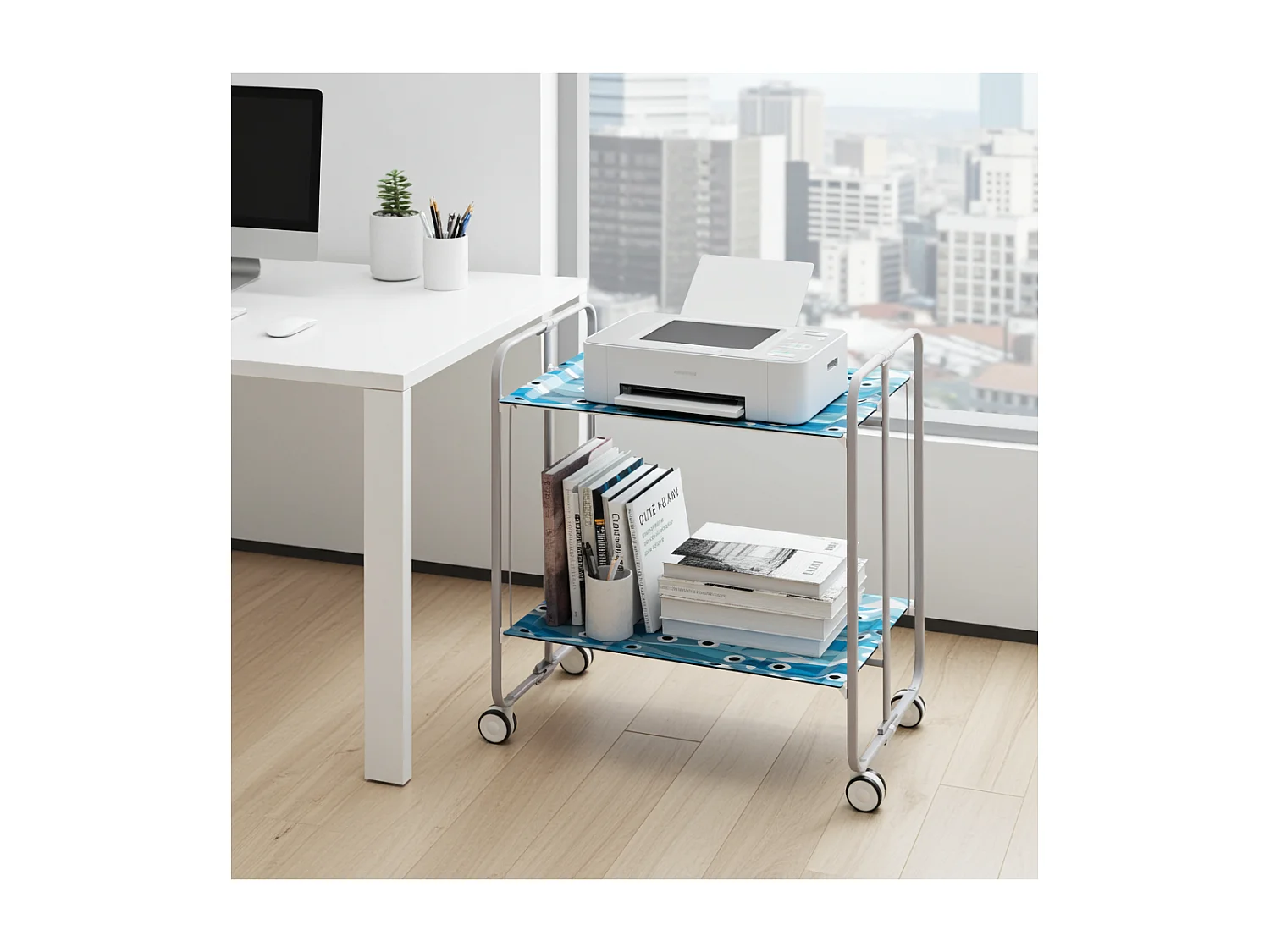 Carrito auxiliar plegable con ruedas - Estructura metálica gris, 2 estantes laminados Decorado Peces azules – 72*66*43 cm - BAUHAUS