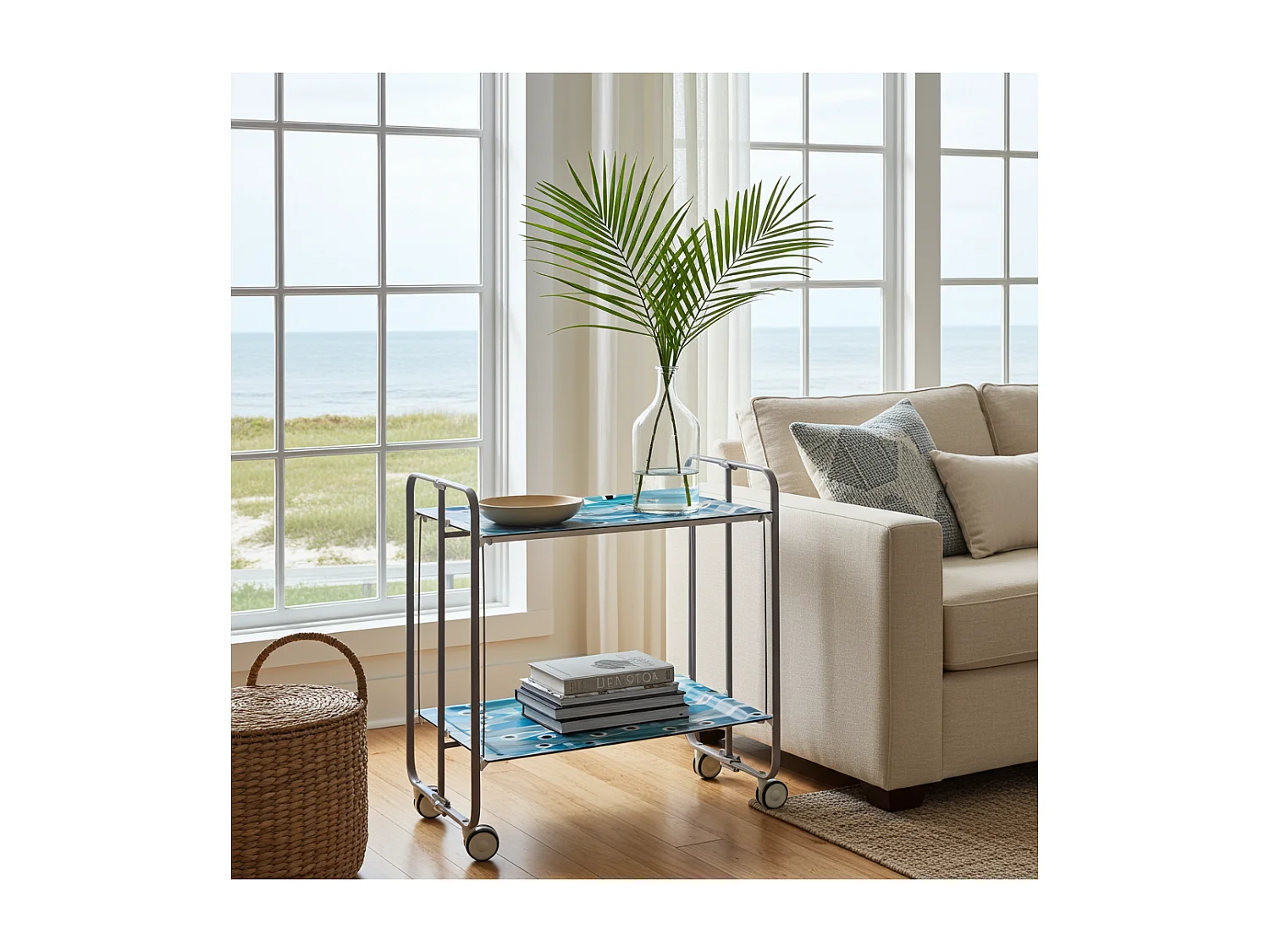 Carrito auxiliar plegable con ruedas - Estructura metálica gris, 2 estantes laminados Decorado Peces azules – 72*66*43 cm - BAUHAUS