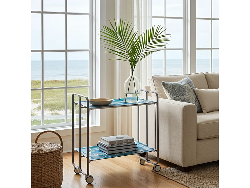 Chariot pliant à roulettes - Structure métallique grise, 2 niveaux en stratifié motif Poissons bleus - 72*66*43 cm - BAUHAUS