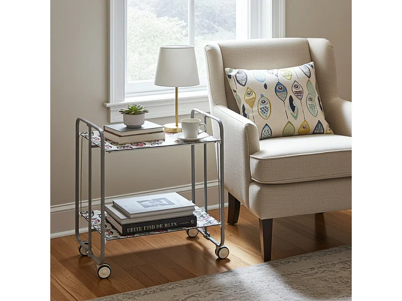 Chariot pliant à roulettes - Structure métallique grise, 2 niveaux en stratifié motif Hiboux - 72*66*43 cm - BAUHAUS