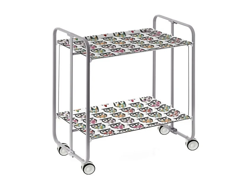 Chariot pliant à roulettes - Structure métallique grise, 2 niveaux en stratifié motif Hiboux - 72*66*43 cm - BAUHAUS